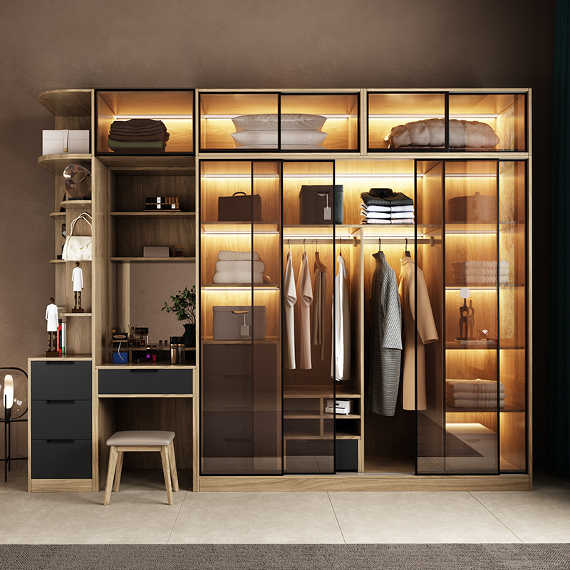 Contemporary Glass Door Closet with Dresser Light Oak Modular Wardrobe with Led