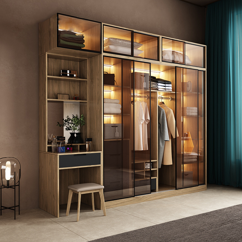 Contemporary Glass Door Closet with Dresser Light Oak Modular Wardrobe with Led