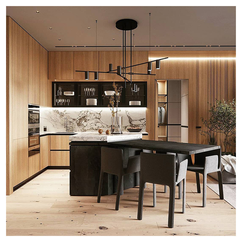 Factory Price Luxurious Kitchen Furniture Wood Grain Alacenas De Cocina Laminate Kitchen Cabinet Farmhouse Style Made in China