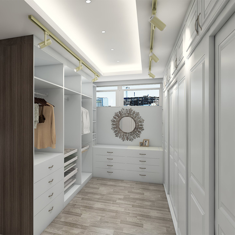 European style Walk-in white Color Design Melamine Clothes Organizer Wooden Wardrobe Built in Bedroom Funiture Closet