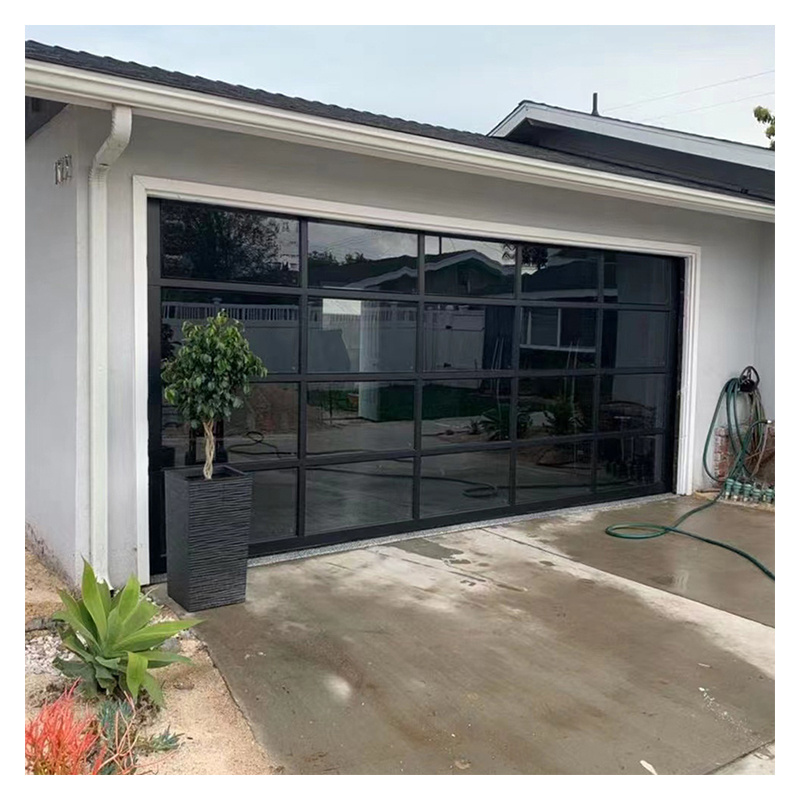 Realgres Black Overhead Modern Security Aluminum Alloy Frosted Glass Garage Doors for Villa