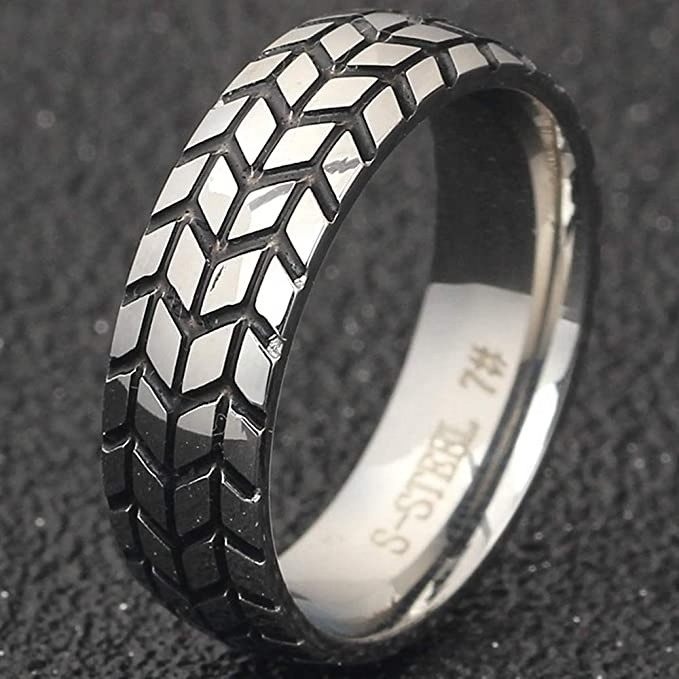 Real U Jewelry 6mm Vintage Style Grooved Wheel Tire Biker Rings for Boy Stylish Ring in Stainless Steel Fashion  Jewelry Rings