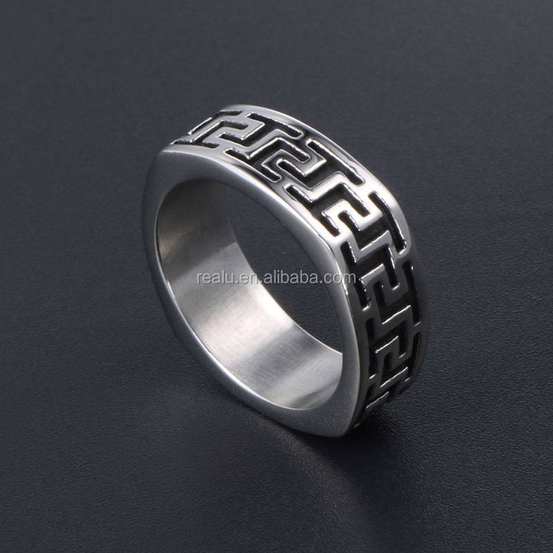 Real U Custom Fashion Jewelry Rings 316l Stainless Steel Ring 7.5 mm Polished Greek Key Textured Band Rings for Boy