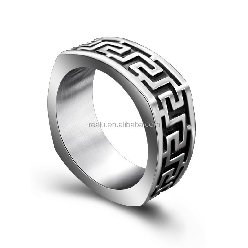 Real U Custom Fashion Jewelry Rings 316l Stainless Steel Ring 7.5 mm Polished Greek Key Textured Band Rings for Boy