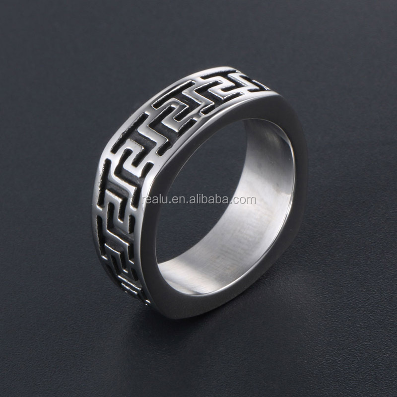 Real U Custom Fashion Jewelry Rings 316l Stainless Steel Ring 7.5 mm Polished Greek Key Textured Band Rings for Boy