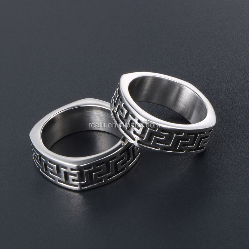 Real U Custom Fashion Jewelry Rings 316l Stainless Steel Ring 7.5 mm Polished Greek Key Textured Band Rings for Boy