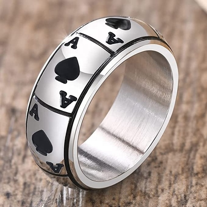 Real U Men's Jewelry Ring Wholesale  8mm Stainless Steel Black Ace of Spade Poker Rings for Boy Classic Fashion Jewelry Rings