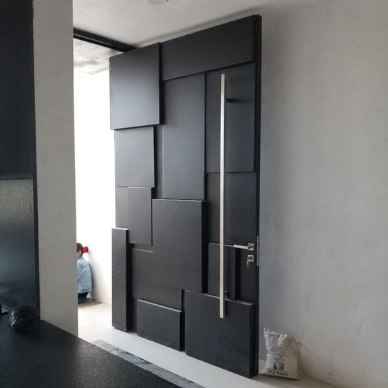 Black Aluminum Frame Modern Design Thailand Oak Wood Teak Solid Core Exterior Pivot Entry Door For Villa