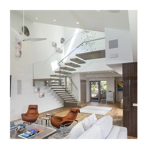 Modern  Escalera Frameless Glass Railing Wooden Wood Floating Staircase Stairs For Indoor