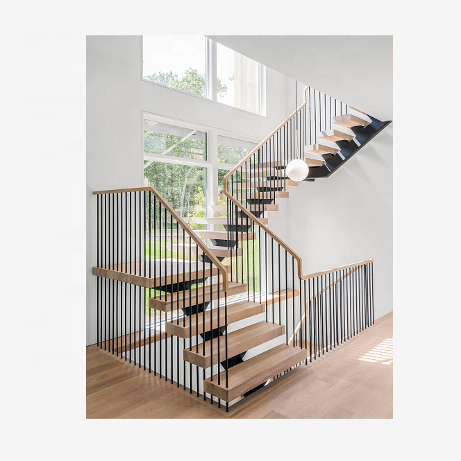 Modern Mono-Stringer Steel Spindle Railing On Floating Stairs With White Oak Treads And Top Rail Stairs