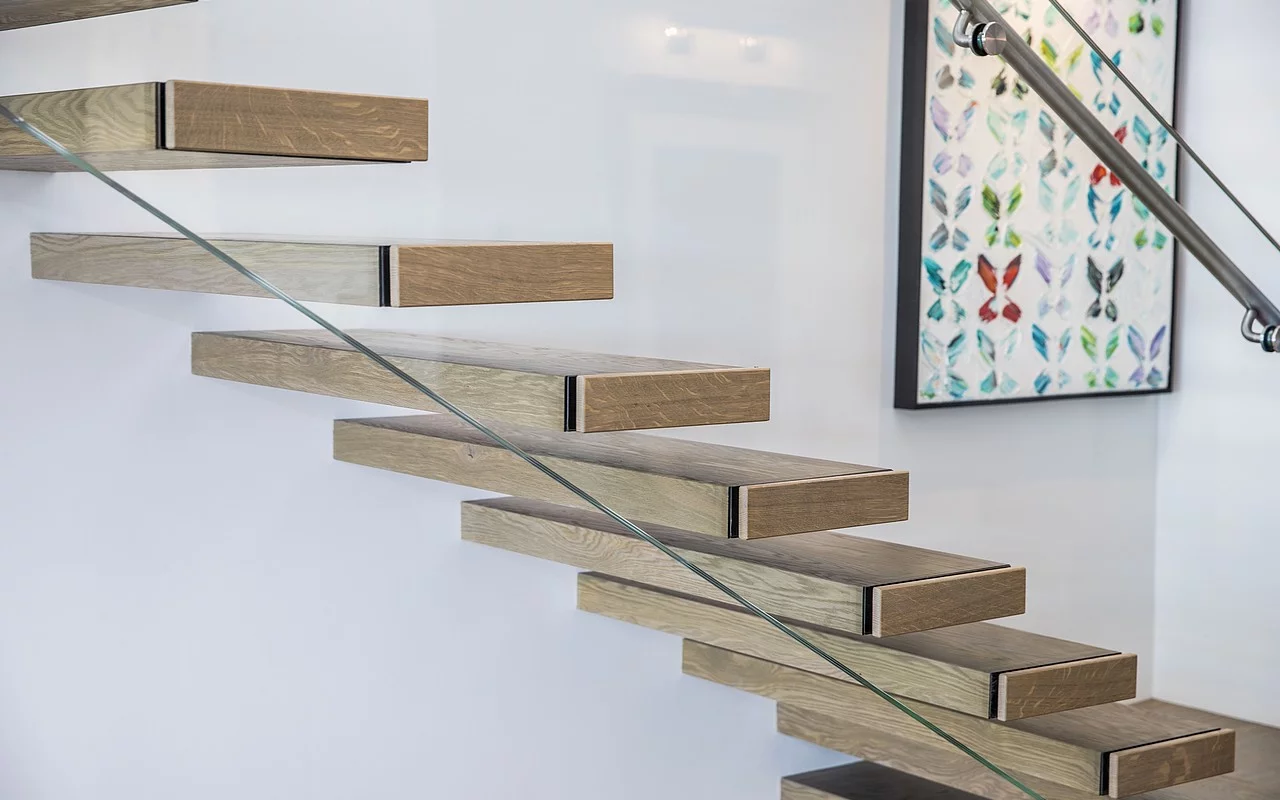 Modern  Escalera Frameless Glass Railing Wooden Wood Floating Staircase Stairs For Indoor