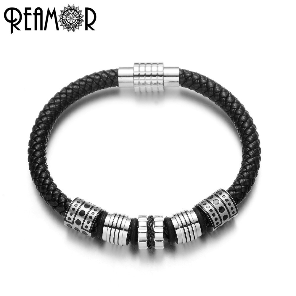 REAMOR 2020 Men Luxury Bracelet 316l Stainless Steel Wire Insert Black Genuine Braided Leather Bracelet Designer Jewelry for Men