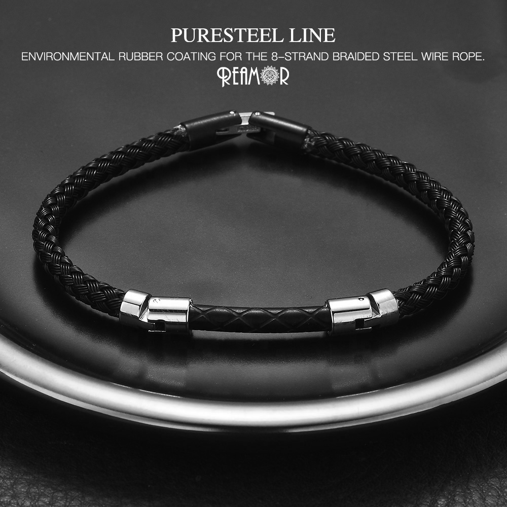 REAMOR High Polished Men Luxury 316L Stainless Steel Knight Black Snake Skin Cool Jewelry Leather Bracelet for Men and Women DIY