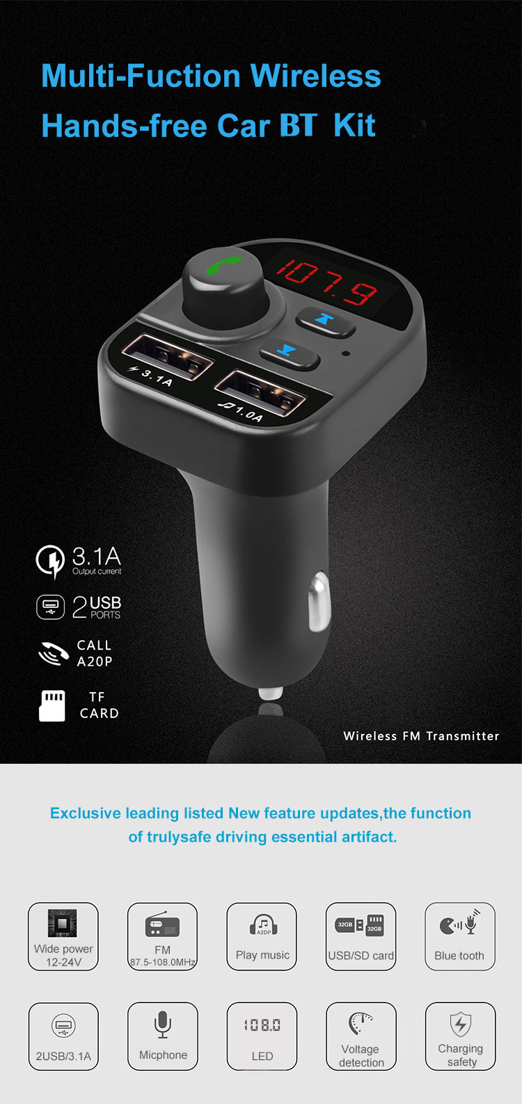 Dual USB Charger Hands-Free Car Kit Wireless Radio Audio Adapter 5.0 BT FM Transmitter Car MP3 Player