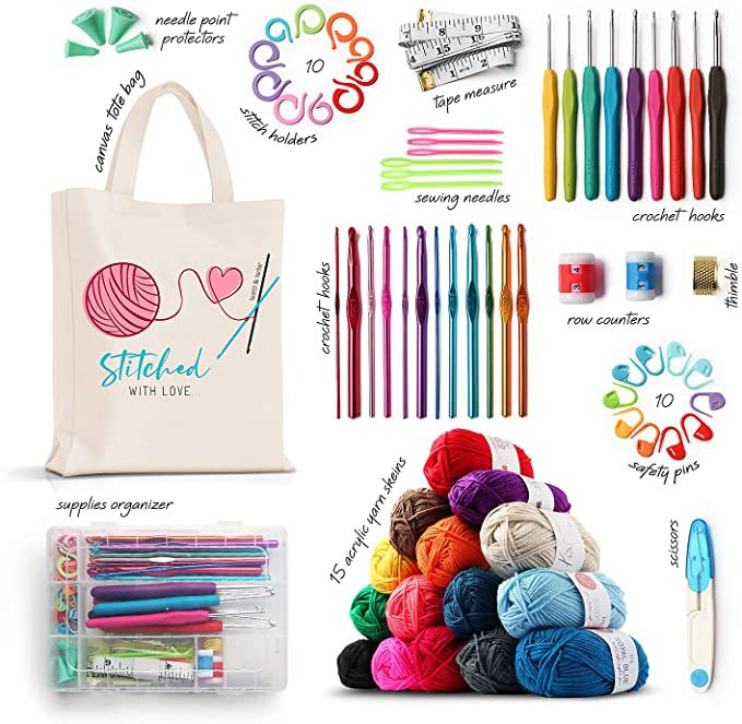 73 Pcs Crochet Kit, Ergonomic Crochet Hooks with Yarn Needles Stitch Marker Canvas Tote Bag for Crocheting Craft Beginner