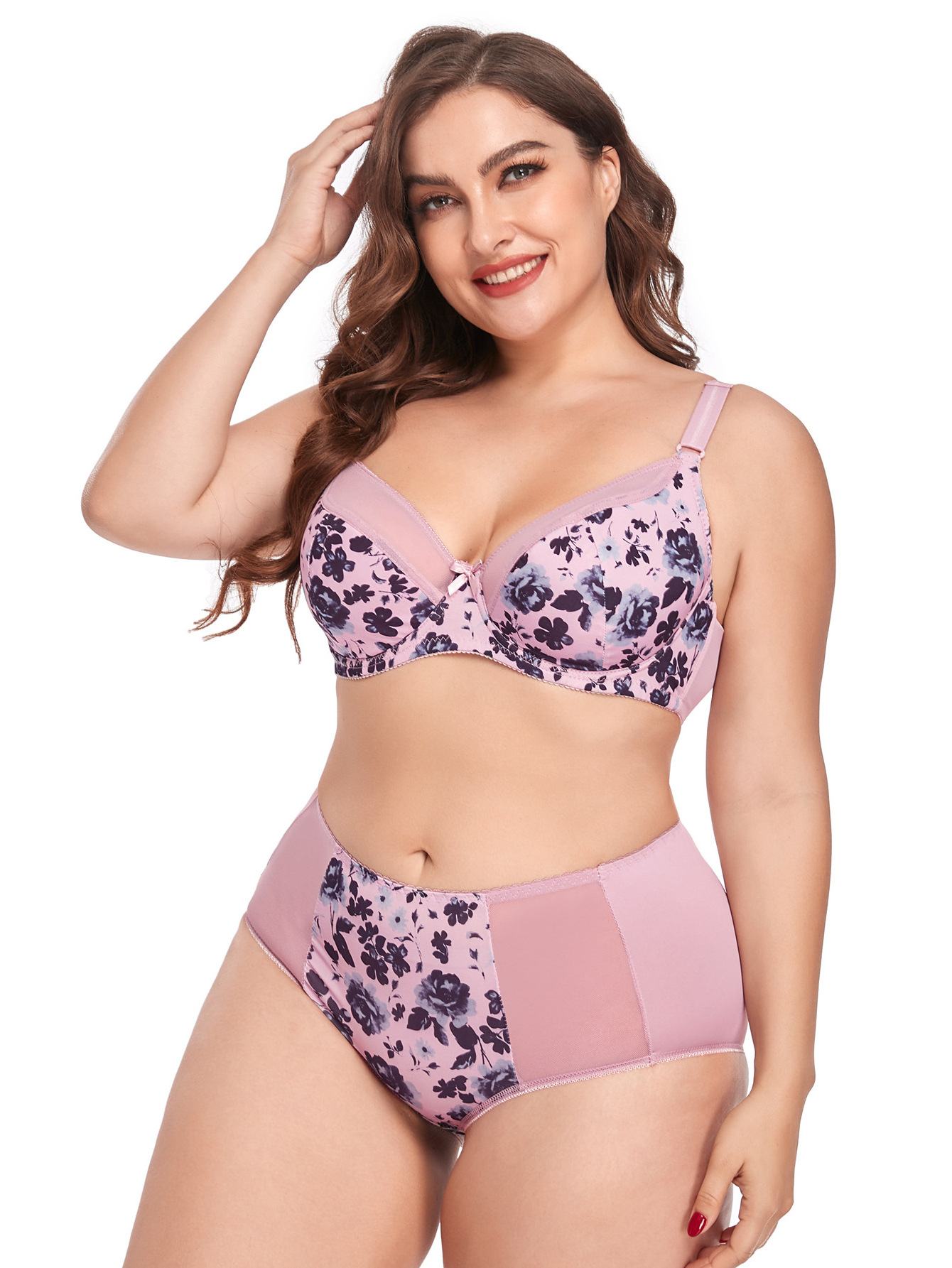 Women Underwear Plus Size Bra Set And Panties Push Up Underwire Printed Bra Ultra-thin Full Cover Cup Large  Bra