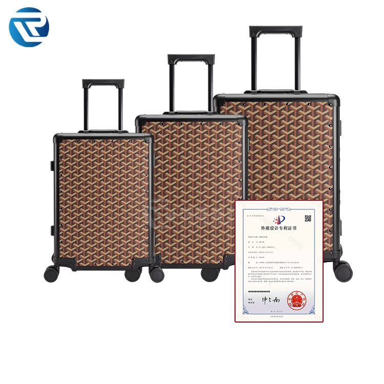 Factory Custom koffer aluminum 3 pcs Leather&Aluminium Magnesium Alloy Frame Travel Luggage Vintage Suitcase luggage Sets