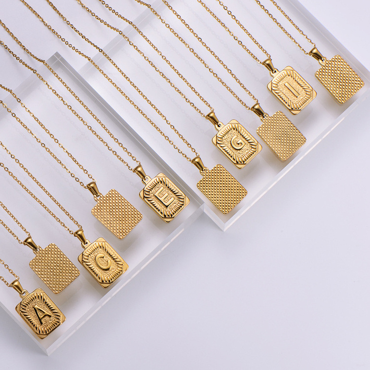 Fashion women mens recycled Stainless Steel 18k gold plated layered Square engraved letter A~Z initial jewelry Necklace