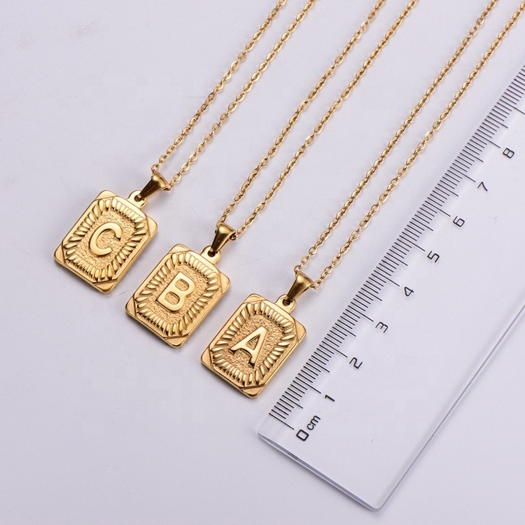 Fashion women mens recycled Stainless Steel 18k gold plated layered Square engraved letter A~Z initial jewelry Necklace