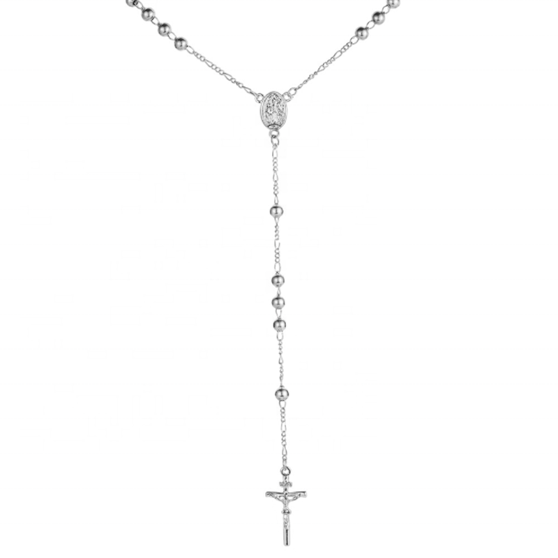 Religious Stainless Steel Bead Chain Jesus Cross Christian Rosary Necklace