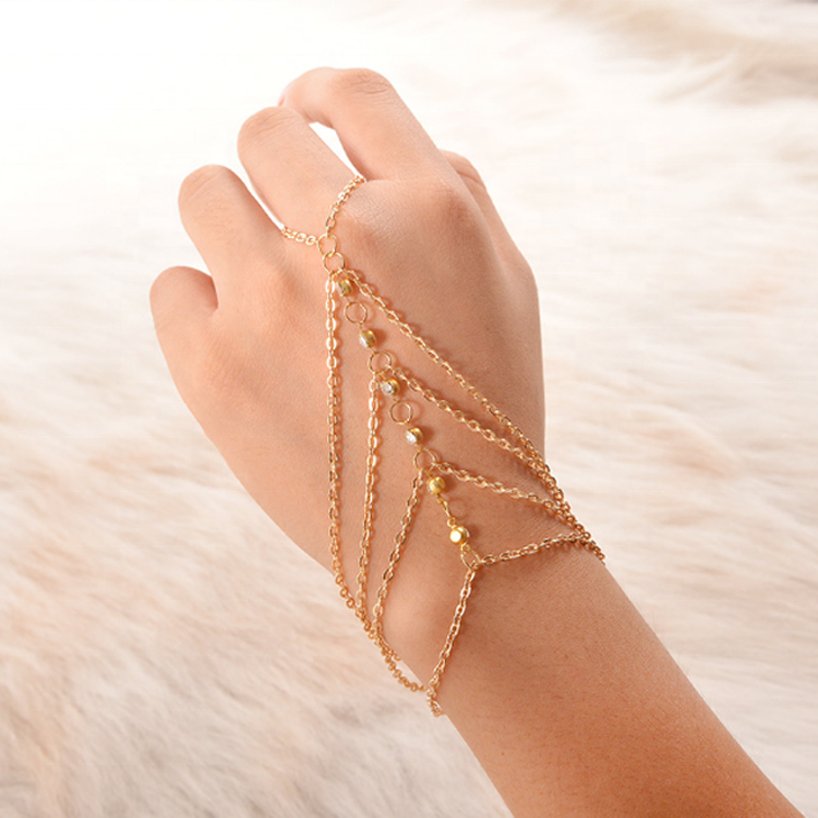 Gold Chain Link Multi Bangle Slave Interweave Finger Rings Hand Harness Bracelet