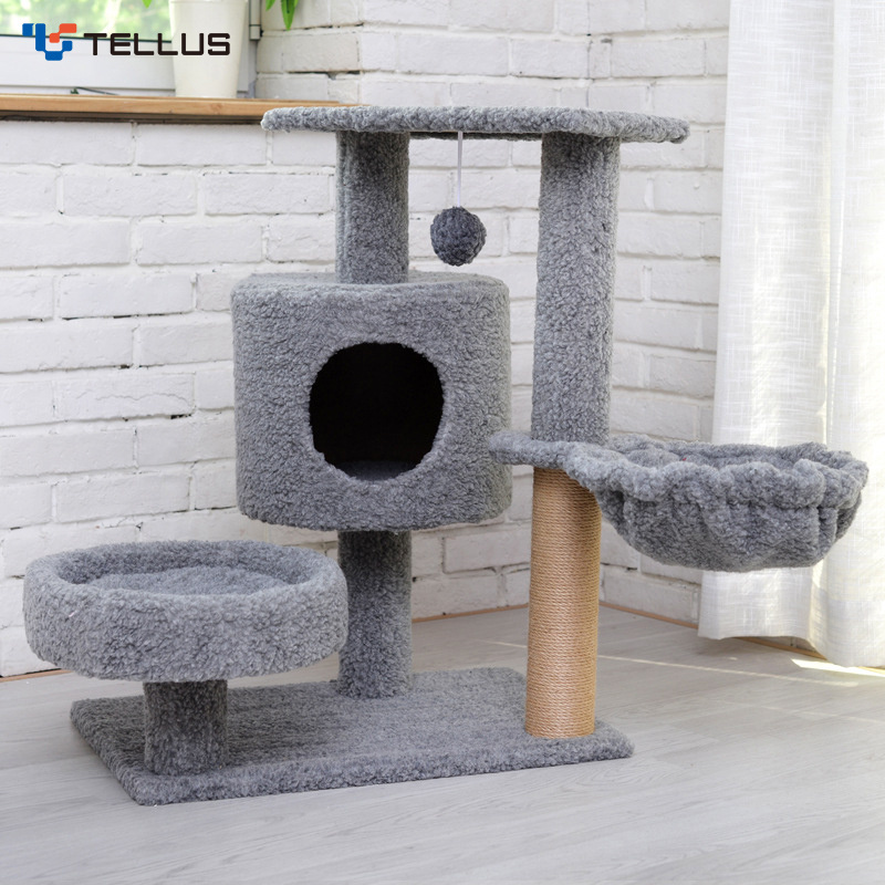 Tellus Multi-Level Pet Climbing Scratcher Cat Tower Wood Cat Tree With Sisal Scratching Posts Perches Houses Hammock