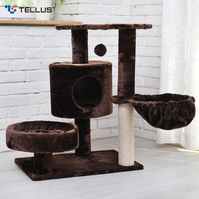 Tellus Multi-Level Pet Climbing Scratcher Cat Tower Wood Cat Tree With Sisal Scratching Posts Perches Houses Hammock