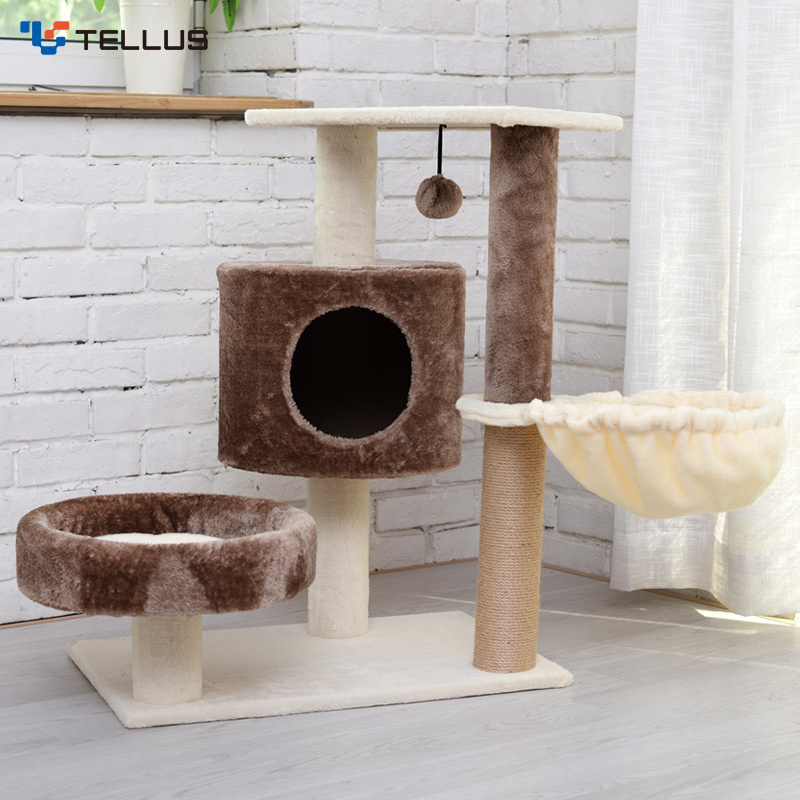 Tellus Multi-Level Pet Climbing Scratcher Cat Tower Wood Cat Tree With Sisal Scratching Posts Perches Houses Hammock