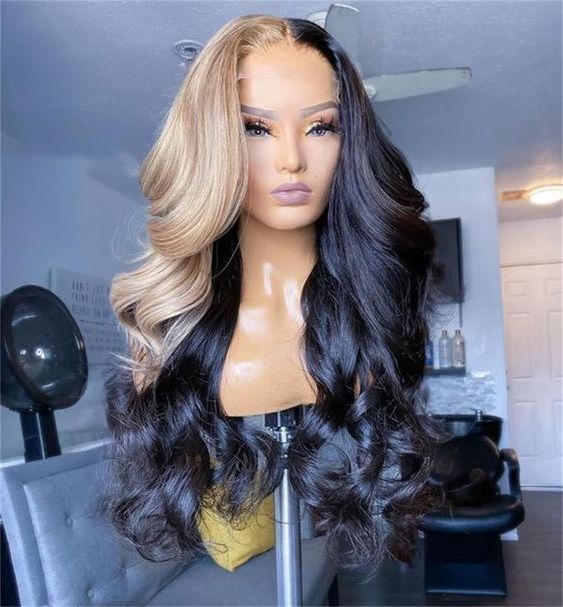 Split hair color human hair wigs half pink half blonde half black lace frontal human hair wigs two tone colors Lace Front wigs