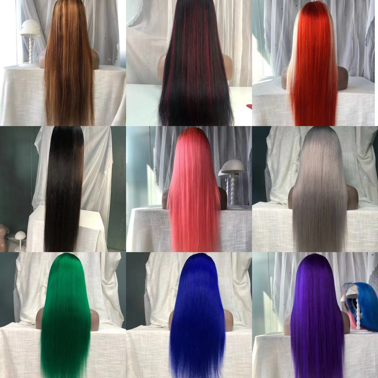 Split hair color human hair wigs half pink half blonde half black lace frontal human hair wigs two tone colors Lace Front wigs