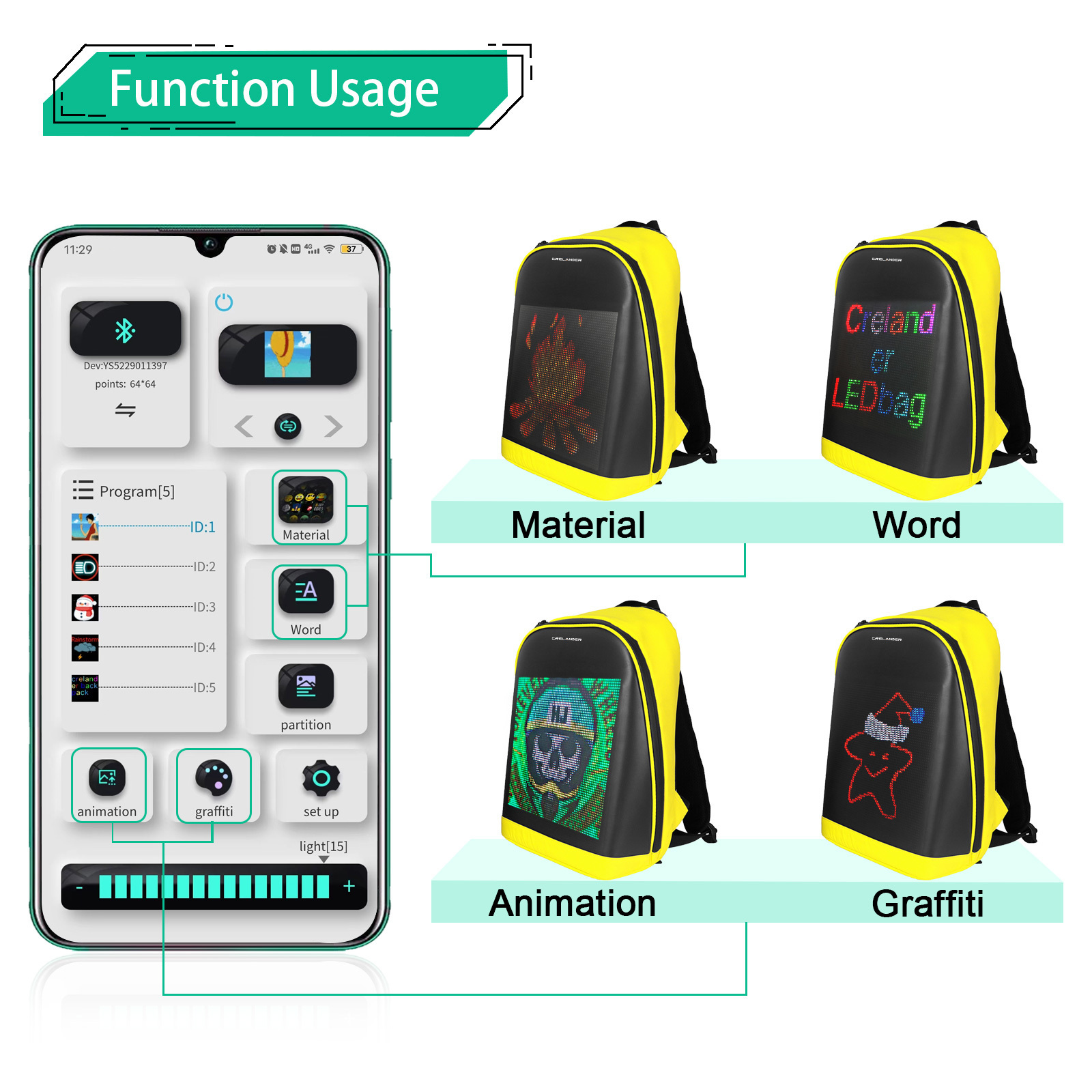 CRELANDER Waterproof Smart Led Display Backpack Lightweight Wireless APP Control Outdoor LED Bag pack Mochila Men Women