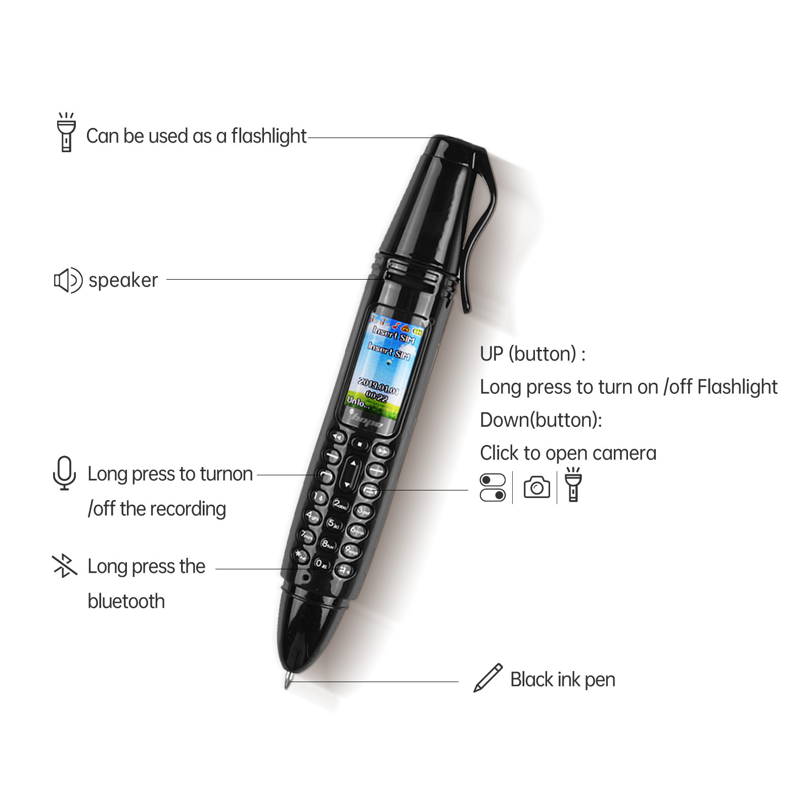 Wholesale Unlock Mini Cell Phone Pen AK007 0.96 inch OLED Screen Recording Pen Shape Mini Mobile Phone