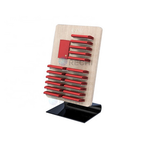 RECHI Custom L Shape Counter Wood Wallets Retail POS Display Stand for Purses Display Rack with Metal Base