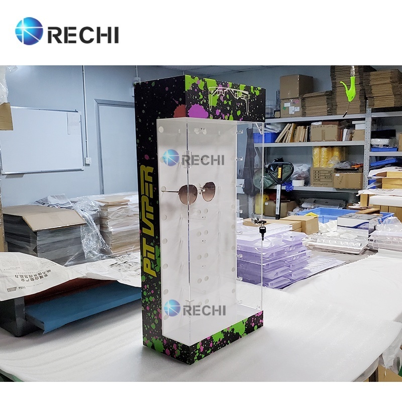 RECHI Acrylic Eyewear Retail Display Stand Showcase Sunglasses Acrylic Case Cabinet With Led Lights & Lock For Optical Store