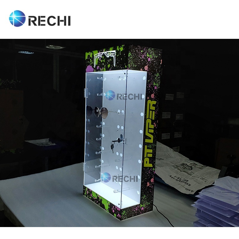 RECHI Acrylic Eyewear Retail Display Stand Showcase Sunglasses Acrylic Case Cabinet With Led Lights & Lock For Optical Store