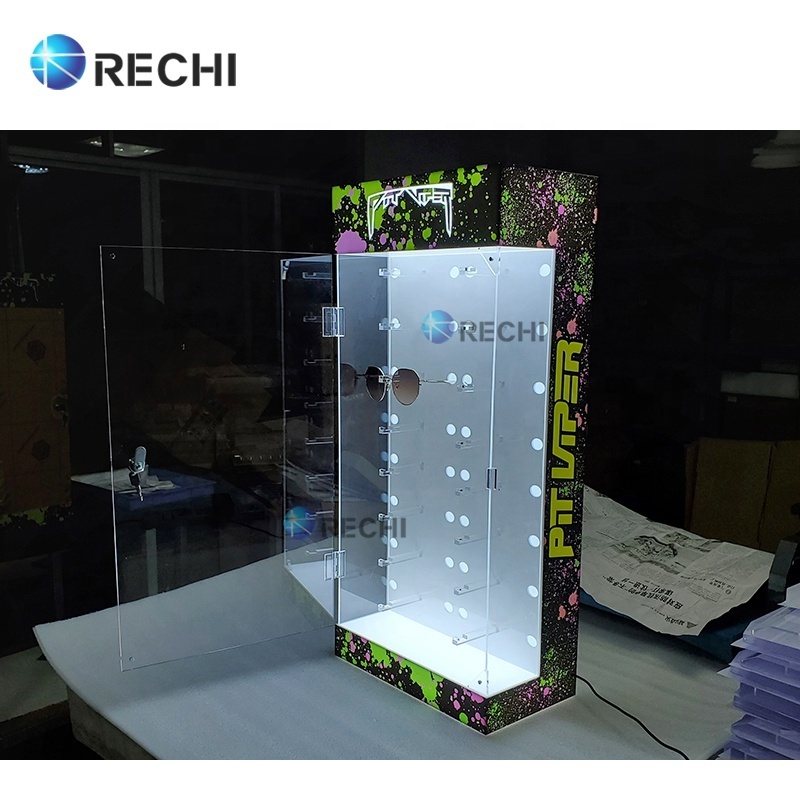 RECHI Acrylic Eyewear Retail Display Stand Showcase Sunglasses Acrylic Case Cabinet With Led Lights & Lock For Optical Store