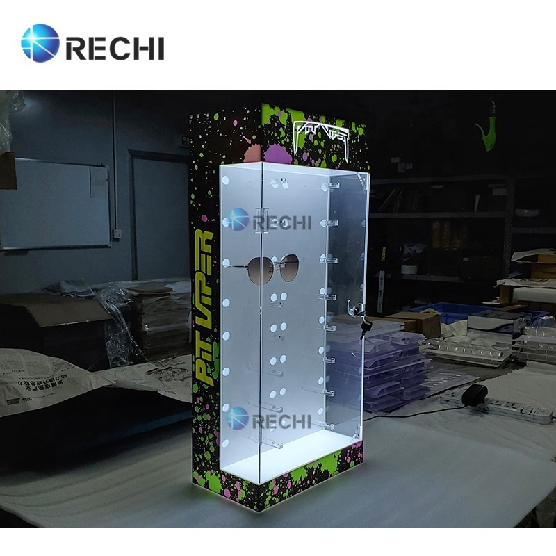 RECHI Acrylic Eyewear Retail Display Stand Showcase Sunglasses Acrylic Case Cabinet With Led Lights & Lock For Optical Store