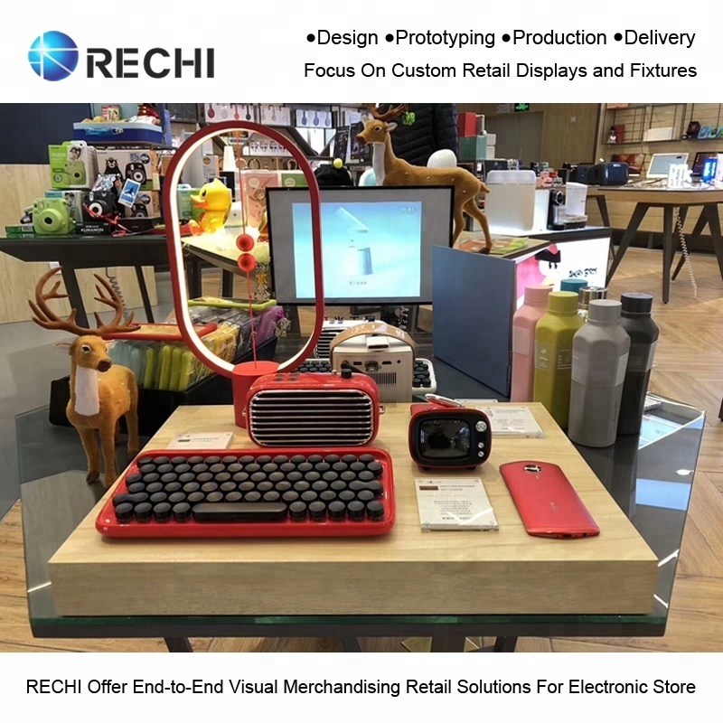 RECHI Custom Tabletop Wood Electronics Retail POS Display Stand For Mobile Phone/Speaker/Watch/Power Bank Merchandising Display