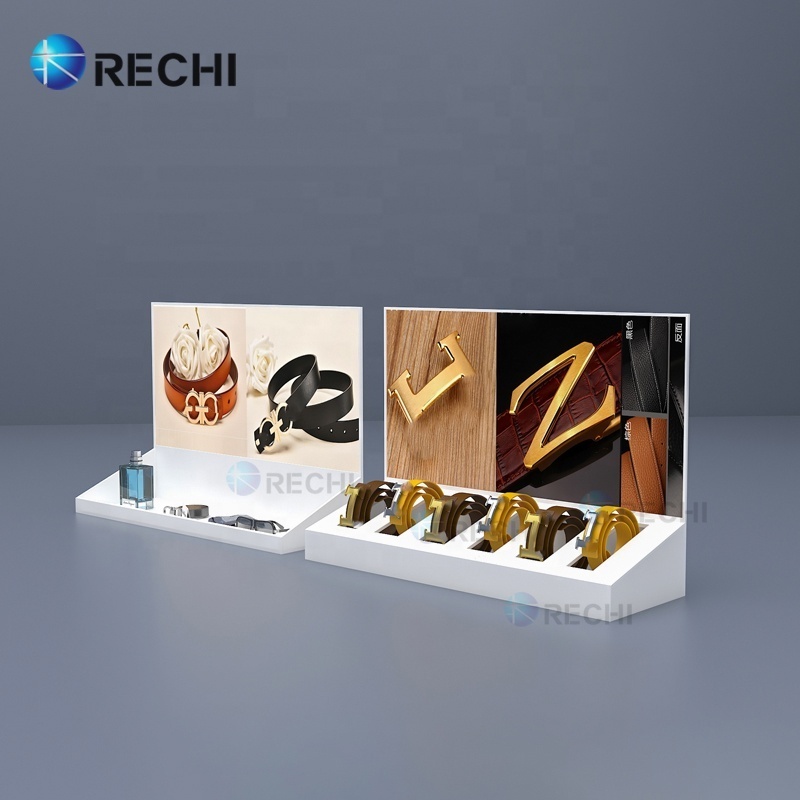 Rechi custom acrylic retail display belt rack storage leather bag display cabinet design belt rack stand  for garment shop