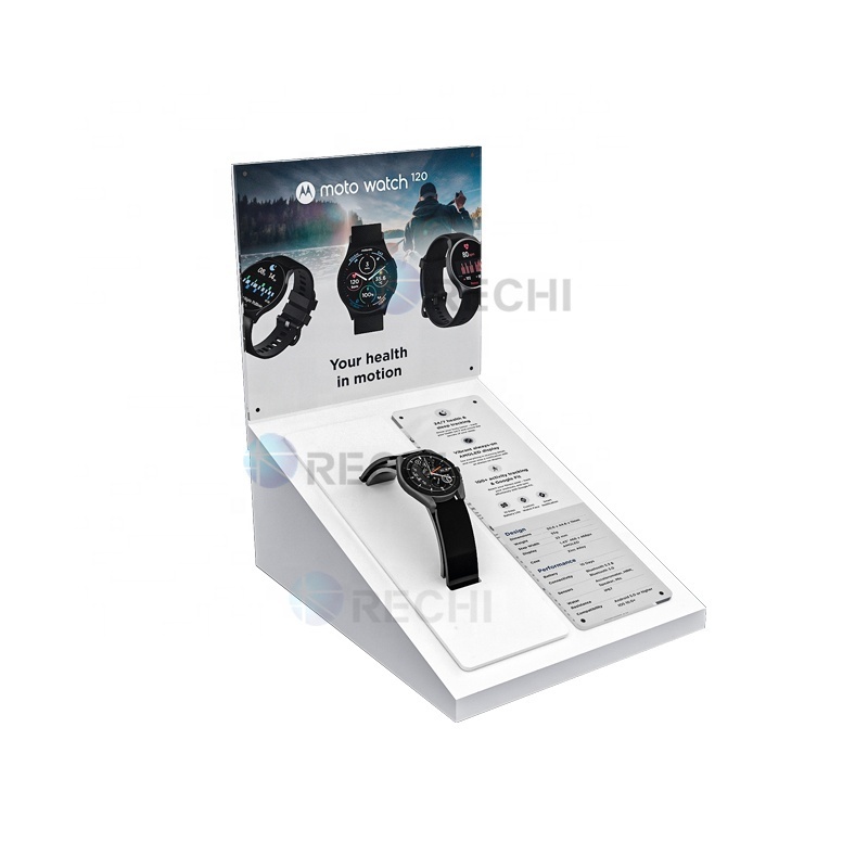 RECHI Custom Counter Acrylic Wrist Watch Retail POS Display Stand Rack For Smart Watch Exhibition Display Holder With Sign