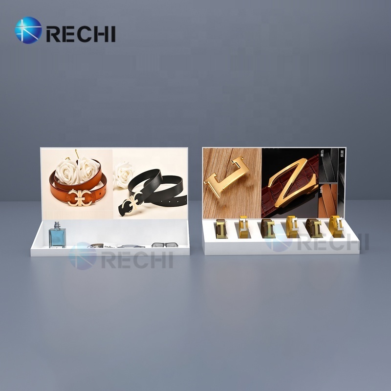 Rechi custom acrylic retail display belt rack storage leather bag display cabinet design belt rack stand  for garment shop