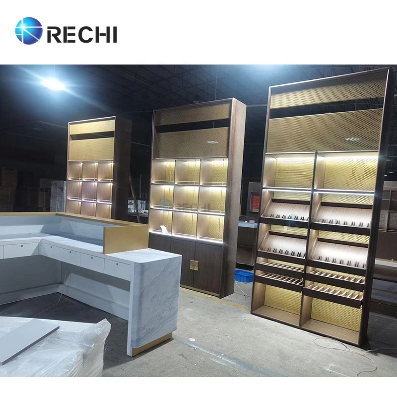 RECHI Illuminated Wooden Liquor Storage Display Display Showcase Soft Drink Organizer Cabinet For Luxury Wine Store Design