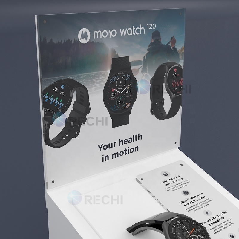 RECHI Custom Counter Acrylic Wrist Watch Retail POS Display Stand Rack For Smart Watch Exhibition Display Holder With Sign