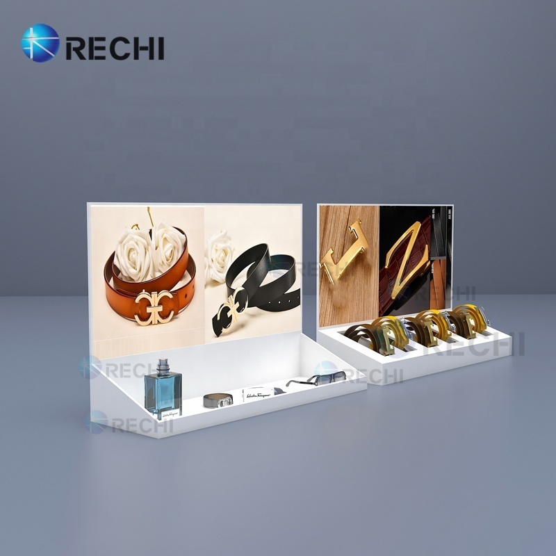 Rechi custom acrylic retail display belt rack storage leather bag display cabinet design belt rack stand  for garment shop