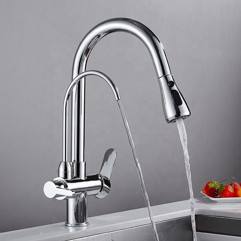 New design multifunctional 3 way brass pull out kitchen sink mixers high quality dual handle blackchrome pull out kitchen faucet