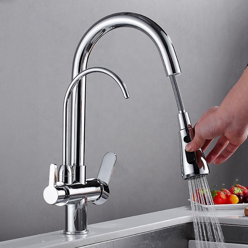 New design multifunctional 3 way brass pull out kitchen sink mixers high quality dual handle blackchrome pull out kitchen faucet