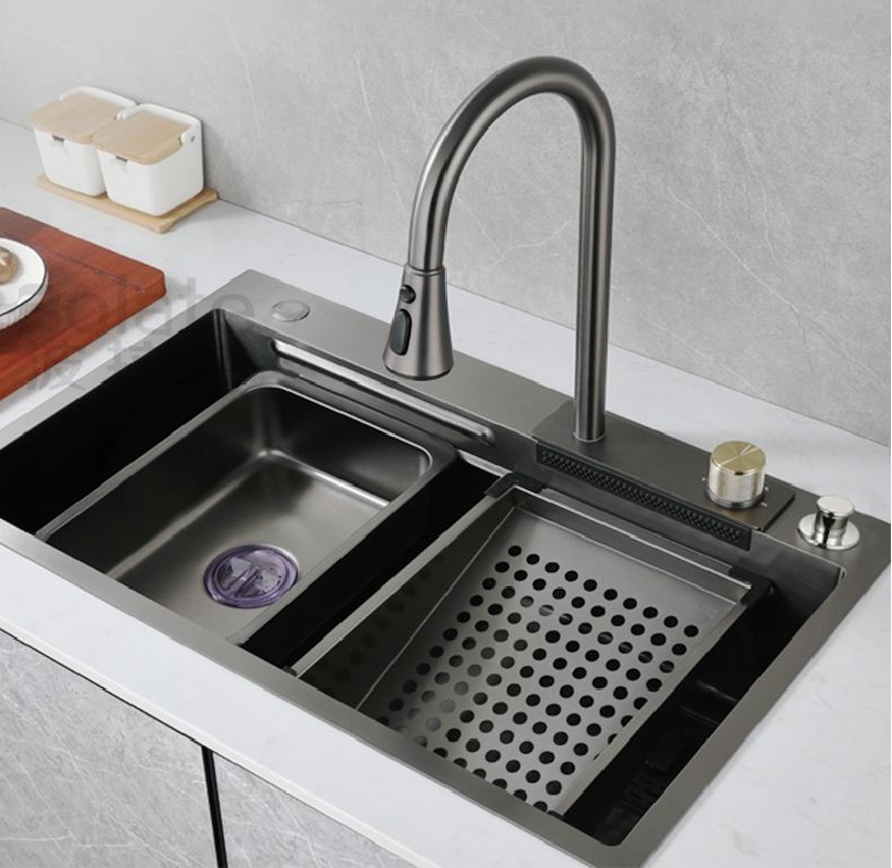 feiyu luxury modern draining single bowl stainless steel multifunction kitchen sink black waterfall faucet kitchen sinks