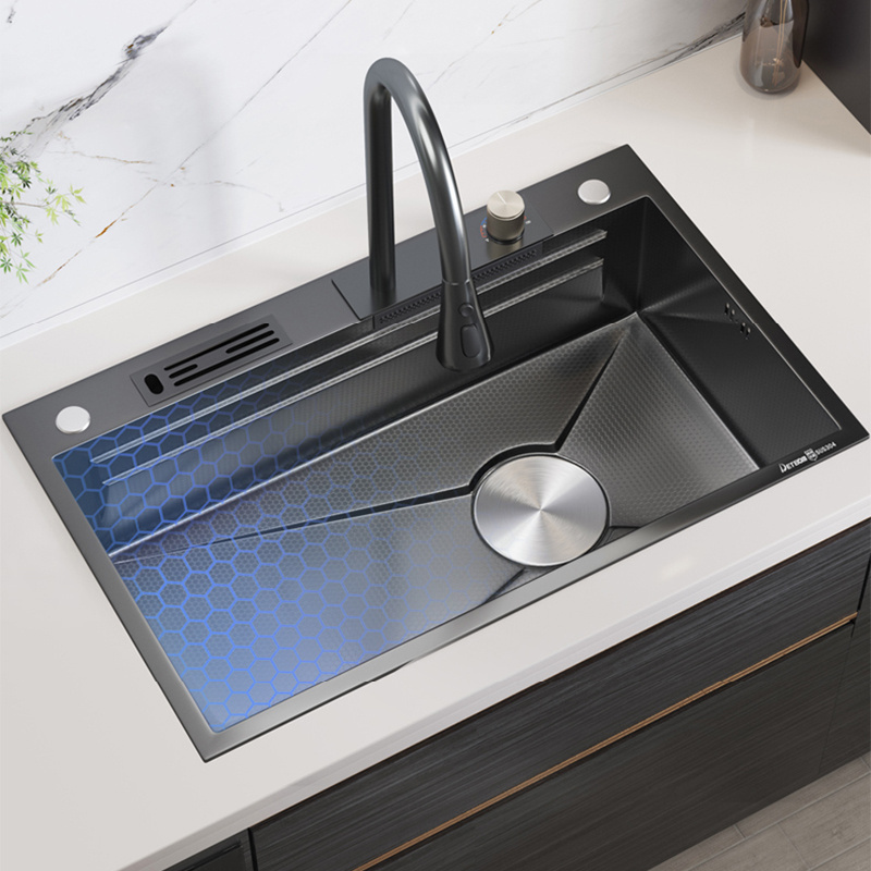 feiyu luxury modern draining single bowl stainless steel multifunction kitchen sink black waterfall faucet kitchen sinks