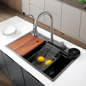 feiyu luxury modern draining single bowl stainless steel multifunction kitchen sink black waterfall faucet kitchen sinks