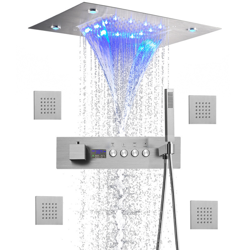 Wall Mounted Thermometer Black Built-in Led Lights Bathroom Rain Shower Set